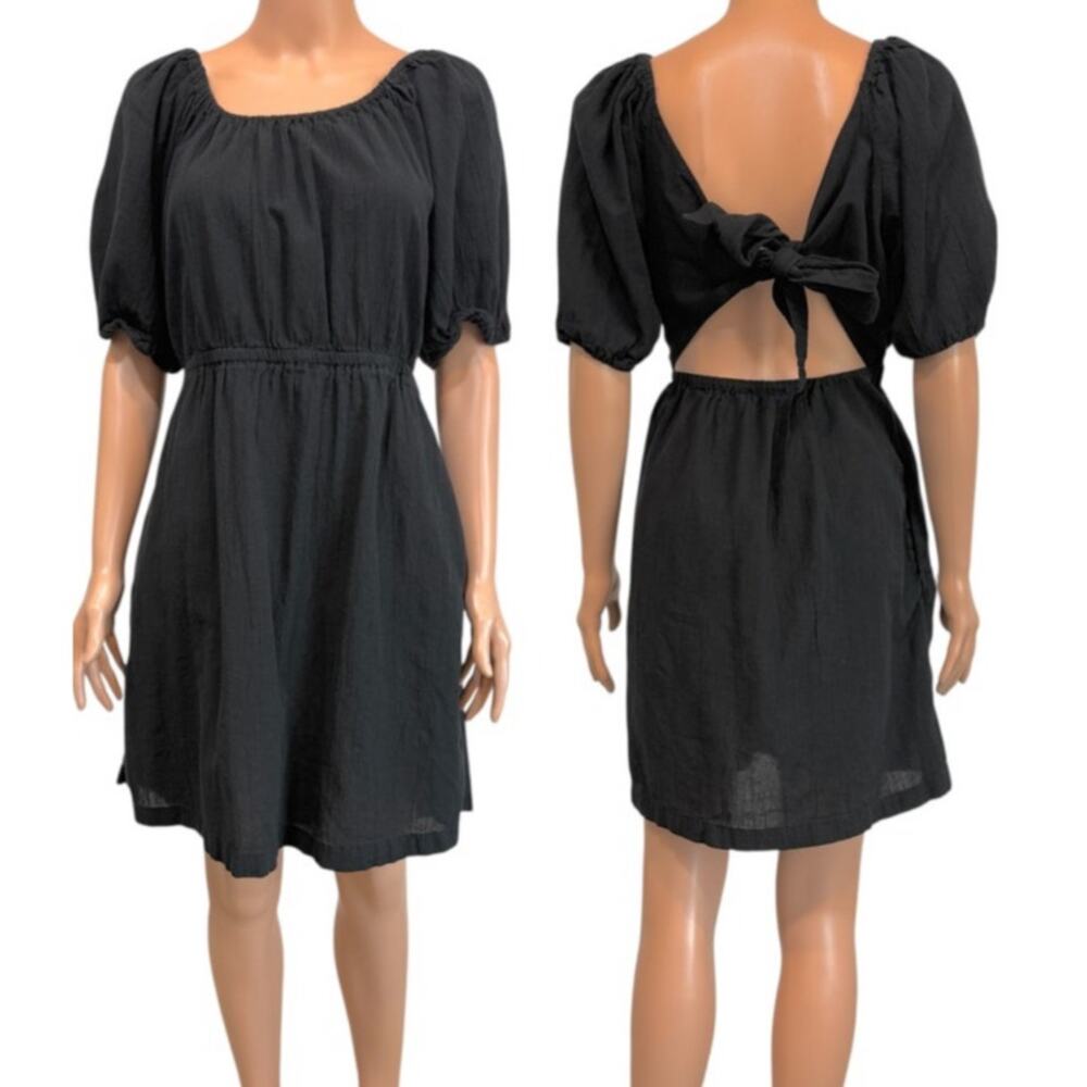 Old Navy large puff sleeve tie back bow cut out mini dress pockets D2 2689